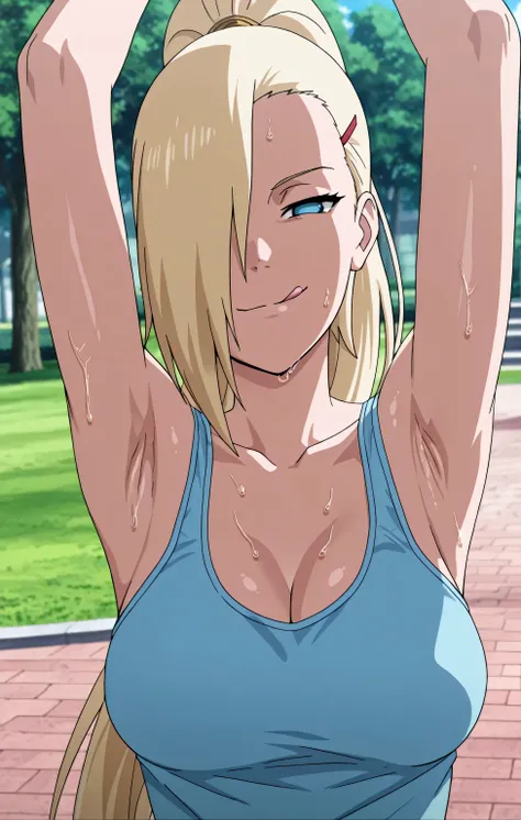 masterpiece, best quality, amazing quality, front lighting, anime screencap, 1girl, solo, InoShipuuden, blonde hair, high ponytail, hair over one eye, light blue tank top, breasts, blue eyes, bare shoulders, bare arms, arms up, raised arms, armpits, head t...
