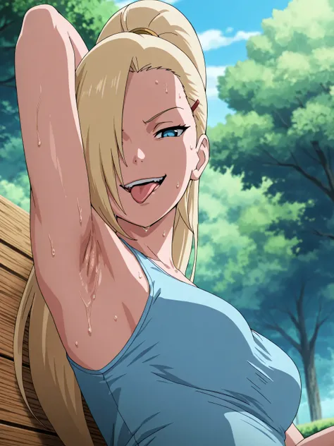 masterpiece, best quality, amazing quality, front lighting, anime screencap, 1girl, solo, InoShipuuden, blonde hair, high ponytail, hair over one eye, light blue tank top, breasts, blue eyes, bare shoulders, bare arms, arm behind head, armpit, head towards...