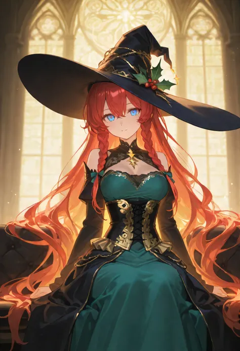 A stunning red-haired sorceress in a grand cathedral, illuminated by soft golden light filtering through tall stained-glass windows. She wears an elegant teal gown adorned with intricate gold embroidery, with a corset-style bodice and flowing layers of fab...