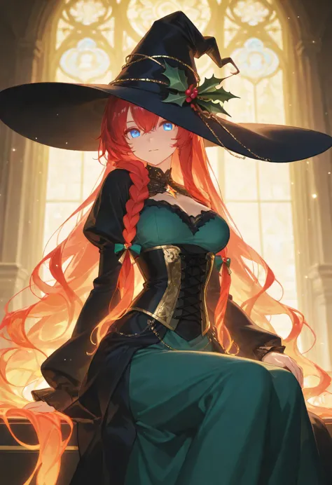 A stunning red-haired sorceress in a grand cathedral, illuminated by soft golden light filtering through tall stained-glass windows. She wears an elegant teal gown adorned with intricate gold embroidery, with a corset-style bodice and flowing layers of fab...