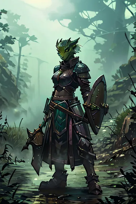 Green female dragonborn knight in heavy armor with an axe and shield standing in a poison fog.