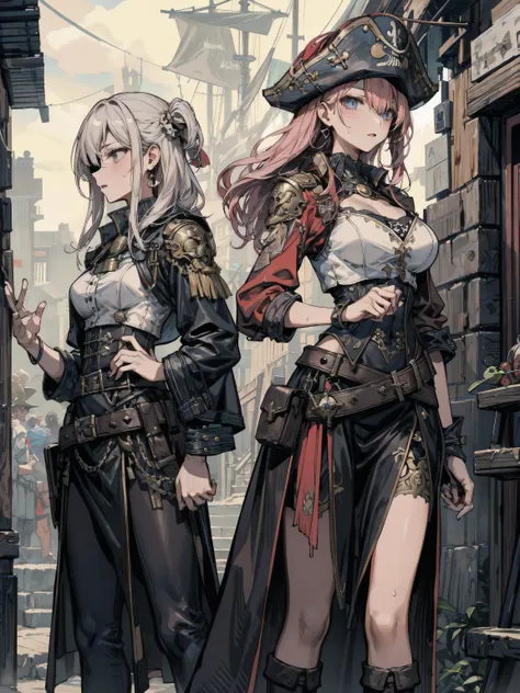 earring, big breasts, medium hair, black hair, sexy, erotic, seductive, Sensual, adult body, sweat, cowboy shot, ((2girls)), a heavily armored pirate, pirate captain, detailed metal armor, intricate pirate clothing, bold colors, highly detailed metal textu...
