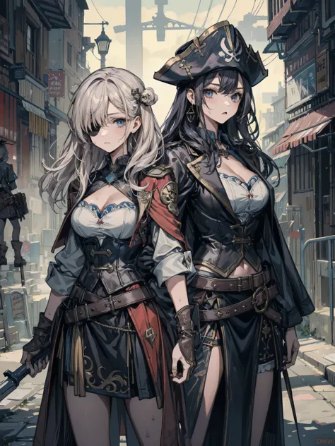 earring, big breasts, medium hair, black hair, sexy, erotic, seductive, Sensual, adult body, sweat, cowboy shot, ((2girls)), a heavily armored pirate, pirate captain, detailed metal armor, intricate pirate clothing, bold colors, highly detailed metal textu...