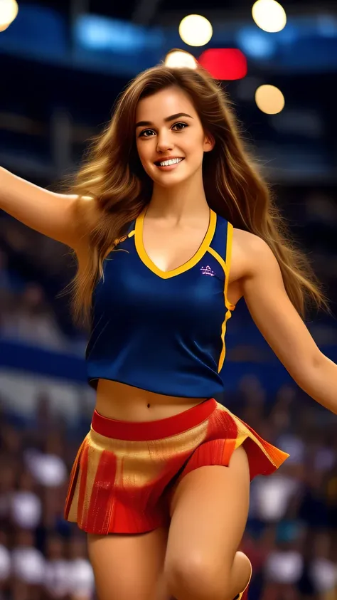 one girl, ((18 years old girl:1.1)), (A girl performing cheerleading dance in mid-air during a split jump), ((Highest quality)), ((masterpiece)), (detailed), ((very detailed face)), High resolution photograph, Good light, (realistic photo shoot:1.1), (Beau...