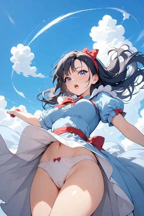 (  best quality)(  artistic)  low angle(  beautiful face)snow white(embarrassing), Blowing Wind, turns over,  White Panties , 