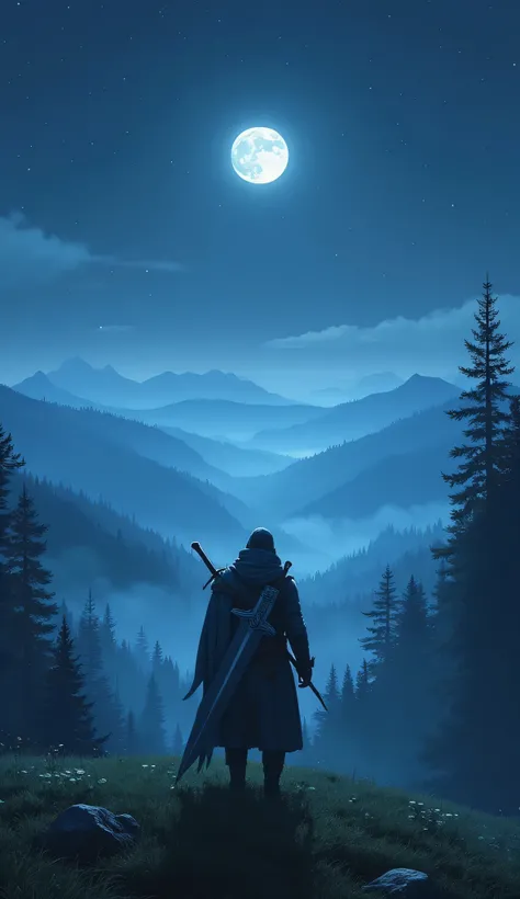 A lone traveler stands atop a grassy hill, his silhouette outlined against the vast night sky. Strapped to his back is an enormous sword, its intricate engravings faintly glimmering under the pale light of the rising moon. Below him, a breathtaking valley ...