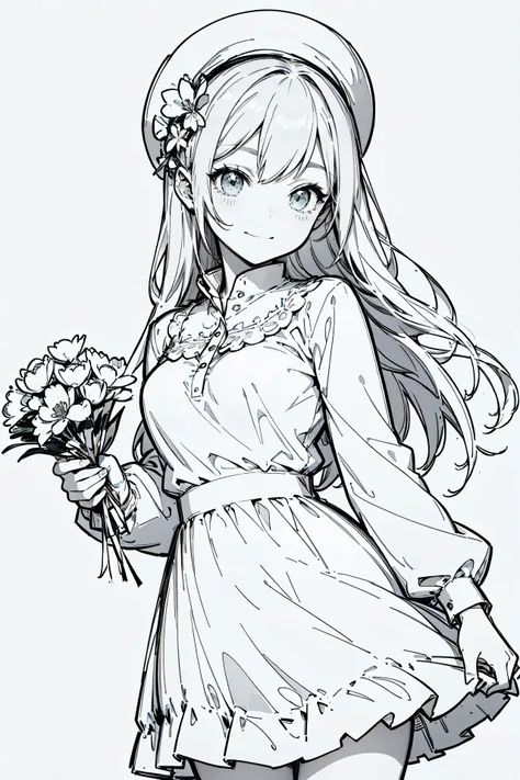 line art , Line Art、Black and White、Gray Hair、 White Outfit 、Simple lines、masterpiece, top quality,1. sketch, ((1. Line Art)), ( pencil drawing), Barbie Happy Girl with a bunch of flowers,bust up, alone, long hair,, smile, fringe , skirt, shirt, Long ...