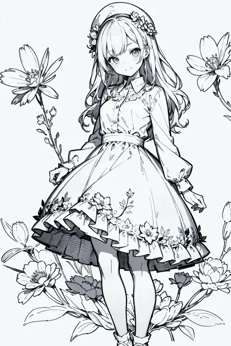line art , Line Art、Black and White、Gray Hair、 White Outfit 、Simple lines、masterpiece, top quality,1. sketch, ((1. Line Art)), ( pencil drawing), Barbie Happy Girl with a bunch of flowers, alone, long hair,, smile, fringe , skirt, shirt, Long Sleeve, ...
