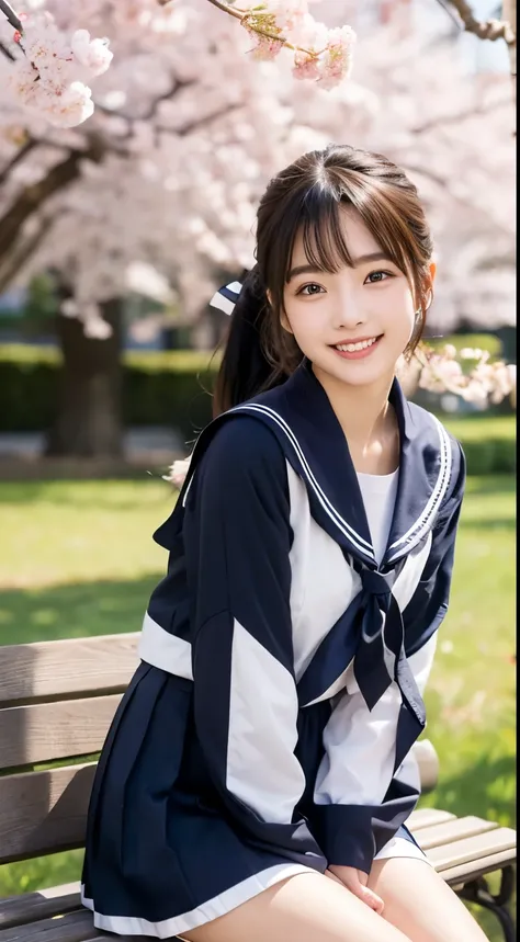 (sailor suit)、HIGH SCHOOL GIRLS、is sitting on a park bench、Japanese、(idol bending over)、((8k))、cherry blossoms、 light in the eye 、The hairstyle is a ponytail、 black hair、smile、 Long Sleeve、((Full Body))、 Delicate Girl、sophisticated vibe、 strong sunshine、de...