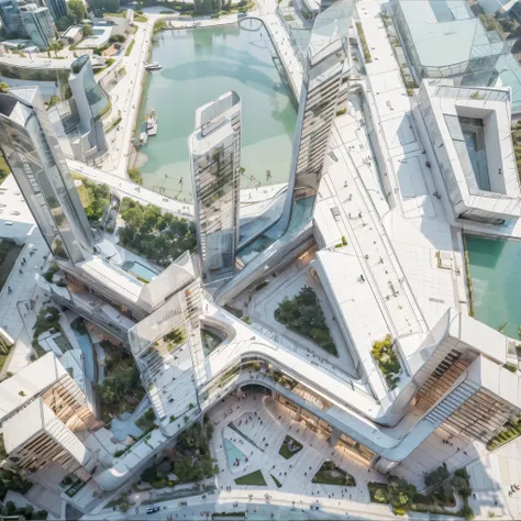 High-angle, realistic rendering of a modern city district. The focal point is a cluster of sleek, white, minimalist buildings with sharp lines and tall, slender towers. The buildings contrast sharply with the dark asphalt roads and lush green spaces inters...