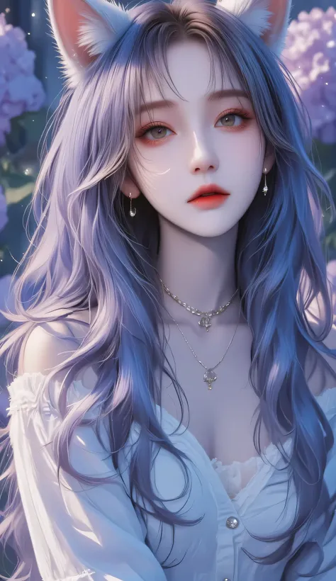 modern Asian beauty,25 years old,, delicate melon face ,Moist Apricot Eye,wearing a high-quality slim dress(Powder blue gradient+Silver-white border),Silvery white waist-length hair,furry fox ears on the head,The body is full of curves(Proud fit+ Slim Wais...