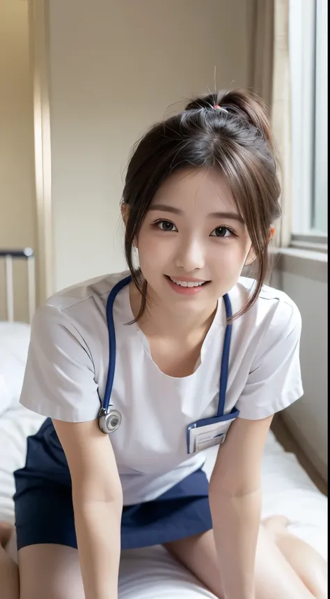 (nurse clothes)、pure white one-piece skirt、HIGH SCHOOL GIRLS、sitting in bed、Japanese、(idol bending over)、((8k))、Hospital room、 light in the eye 、The hairstyle is a ponytail、 black hair、smile、Short sleeve、Full Body、 Delicate Girl、sophisticated vibe、delicate...