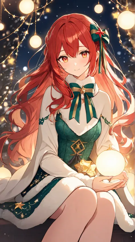 Masterpiece, Best Quality, Top Quality, Very Detailed, A beautiful red-haired woman with glowing golden eyes, dressed in an elegant green lace outfit with festive white fur trims and a ribbon bow around her neck. She sits gracefully in a cozy. The warm, am...