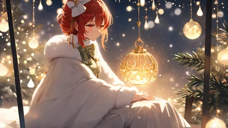 Masterpiece, Best Quality, Top Quality, Very Detailed, A beautiful red-haired woman with glowing golden eyes, dressed in an elegant green lace outfit with festive white fur trims and a ribbon bow around her neck. She sits gracefully in a cozy. The warm, am...