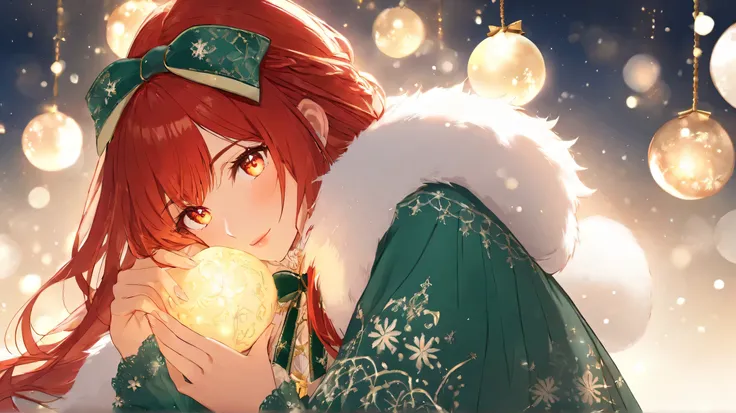 Masterpiece, Best Quality, Top Quality, Very Detailed, A beautiful red-haired woman with glowing golden eyes, dressed in an elegant green lace outfit with festive white fur trims and a ribbon bow around her neck. She sits gracefully in a cozy. The warm, am...
