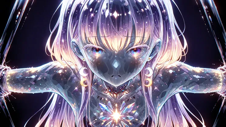 1 girl, masterpiece, high resolution, top quality, Textured skin, about 20 years old, Boyish, (be restrained), plump skin, glowing skin, only one, white and purple gradation hair, white eyelashes, small breasts, painful expression, hot, crescent earring, A...