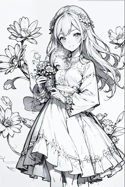 line art , Line Art、Black and White、Gray Hair、 White Outfit 、Simple lines、masterpiece, top quality,1. sketch, ((1. Line Art)), ( pencil drawing), Barbie Happy Girl with a bunch of flowers,bust up, alone, long hair,smile, fringe , skirt, shirt, Long Sl...