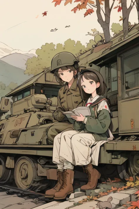 Pastel drawing、A soldier girl is leaning against the caterpillar track of a tank and reading a book.、Next to her, a white rabbit is reading a book with the girl, placing it on the ground.、The girl has short brown hair、Wearing an old German military helmet ...