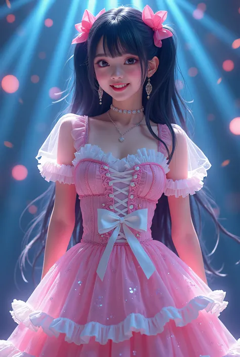 Create a highly detailed, realistic image of a young woman with long, dark hair styled with two small pink bows on either side. She is wearing a vibrant and transparent shinning glossy pink short dress that has a layered, frilly design with white ruffled e...