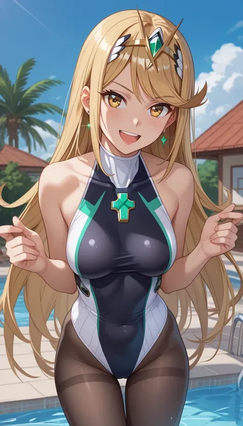 score_9, score_8_up, score_7_up,  source_anime、top quality、8k、 masterpiece、ultra high definition、 natural light、perfect anatomy、 perfect eye、beautiful eyes、One Woman、Medium breasts、(saggy breasts)、mythra, yellow eyes, swept bangs, very long hair, blonde ha...