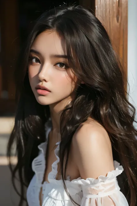 masterpiece, best quality, beautiful black and Asian mixed 19 year old, brown skin female, long, frizzy, curly black hair, perfect face, half body, long hair, melanin, curly dark hair