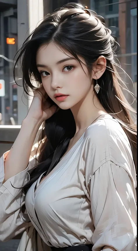 (One girl:1.3), alone, __Body parts__ Delicate and realistic skin, Pale skin, big, Official Art, Unified 16k wallpapers, Super detailed, beauty and aesthetics, beauty, masterpiece, highest quality, In Cyberpunk City, Great atmosphere, A calming color palet...
