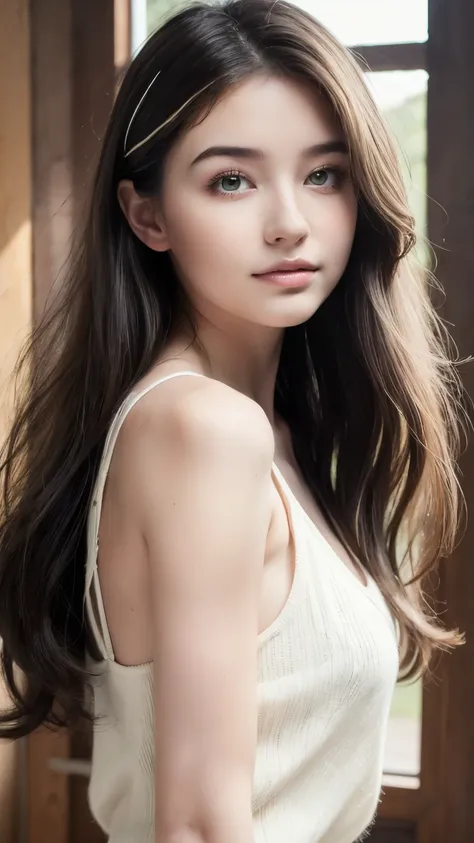 1 girl, young face, solo, Korean, looking at viewer, (white wavy hair), medium breasts, beautiful face, light smile, green eyes, casual clothes, slim adult body, no clothes, sexy pose, outside, best quality, highest quality, high resolution, (realistic), (...