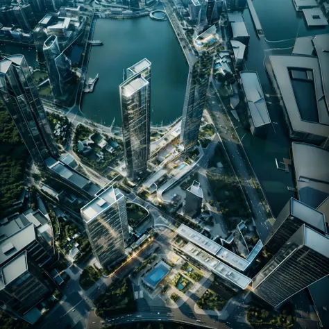 High-angle, ultra-realistic architectural rendering of a futuristic cityscape. Towering, slender black skyscrapers with evenly spaced horizontal bands rise in a meticulously designed, interconnected urban environment. The tower structures are made of sleek...