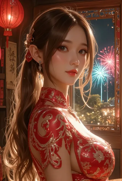 Cat ears、 face up, attractive, pretty girl, ponytail、few beautiful lady hair decorations, (( fine facial features , eroticism)), dramatic lighting , realistic , 8k, Dramatic Shadows , intricate and elaborate patterns , super detailed photo , chiaroscuro li...