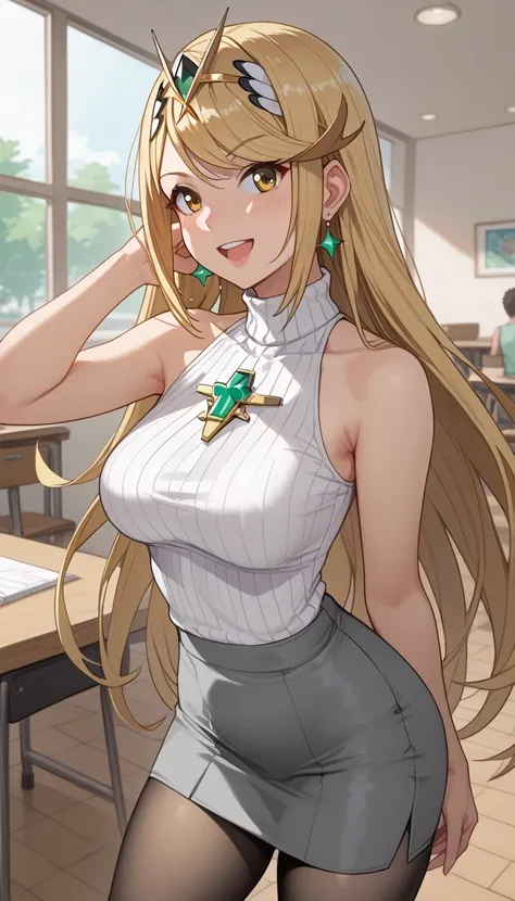 score_9, score_8_up, score_7_up,  source_anime、top quality、8k、 masterpiece、ultra high definition、 natural light、perfect anatomy、 perfect eye、beautiful eyes、One Woman、Medium breasts、(saggy breasts)、mythra, yellow eyes, swept bangs, very long hair, blonde ha...