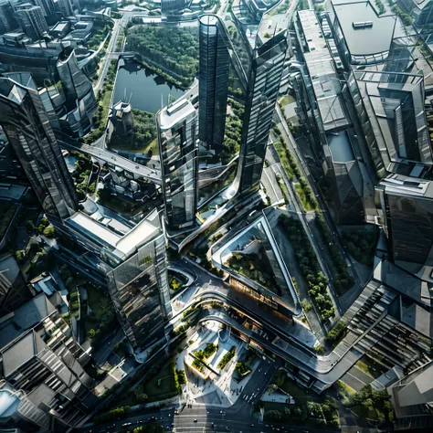 High-angle, ultra-realistic architectural rendering of a futuristic cityscape. Towering, slender black skyscrapers with evenly spaced horizontal bands rise in a meticulously designed, interconnected urban environment. The tower structures are made of sleek...