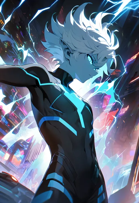 A alien adolescent boy, 14, age boy, no facial hair (no beard, no goatee), slim adolescent build, and boy's proportions. Translucent pale cyan-blue skin glowing faintly, pointed elven ears. Boy with short white hair. Boy with short hair. Boy with white hai...