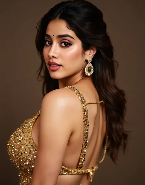 Generate a ultra realistic close up front image of a black transparent sleeveless saree. The blouse is golden colour with mirror sequins. It has no sleeves and has a golden satin finish with spaghetti straps. The woman is giving a sexy, seductive and bold ...