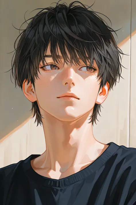 mature male, handsome, Messy bangs, messy hair, short hair, The sides are cropped up,jfcut, brown eyes, black hair, freckles ,Male Highlights, handsome man, Realistic Art , Realistic Art style,and the head fits in the angle of view,40Male,