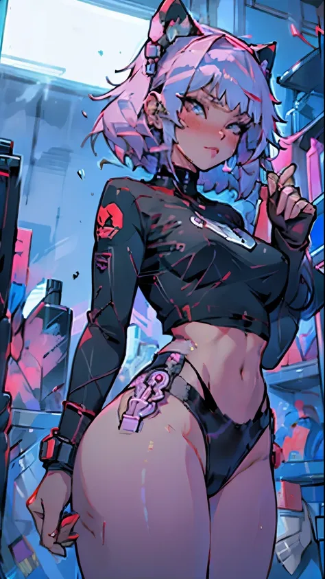high res, Woman body defined thick thighs cybernetic body parts, short underwear