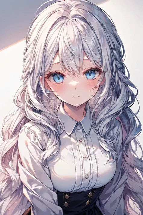 adult women, 30 years old women, beautiful anime women, smilled, white hair, long hair, messy hair, wavy hair, braided hairon the side, blue eyes, blushing, adult women, beautiful hair style, (((Best Quality: 1.4))), (best quality 1.2, shadow 1.3, (Fidelit...