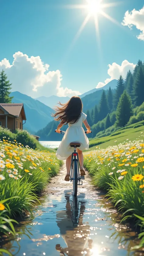 (masterpiece:1.5), (best quality), 8k resolution, Ultra HD details, Real photography style,
The background of a young girl in the center of the picture,Low angle looking up view,She rides a retro bike, wearing a white dress ,long hair flutters with the ...