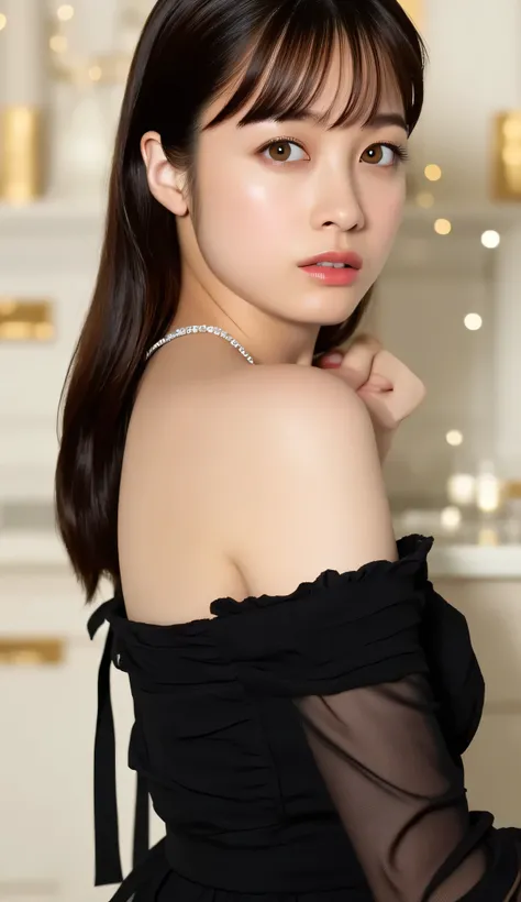 Hashimoto Kanna,One Woman、beautiful、Perfect looks、pale turquoise eyes:1.3,((bigger breasts in bikinis))、perfect balance、 black silk dress ,simple diamond necklace、(((blurry background)))、Luxury palace,、(for sleeping on your back: 1.1), (realistic: 1.1), (p...