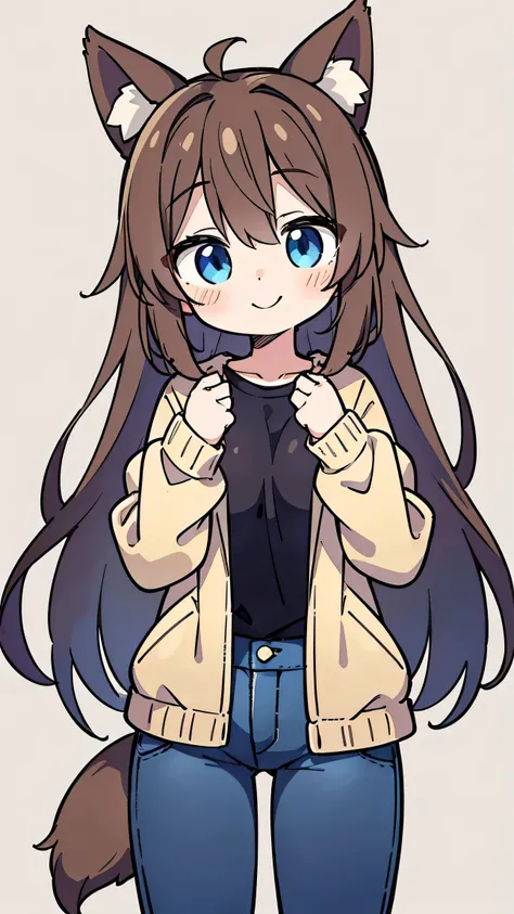 anime style、 cute face、 woman、 fox ears、brown hair、tail、 blue eyes、 long hair、 beige jacket 、jeans、simple background、smile、 pose 、that doesn't move my body