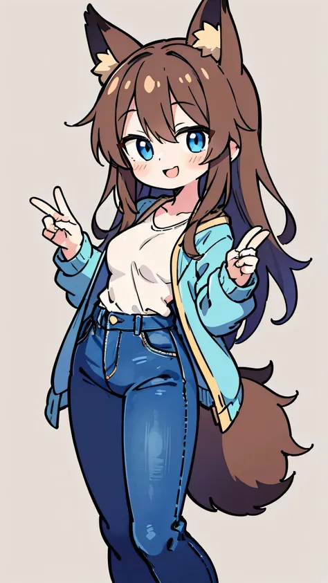anime style、 cute face、 woman、 fox ears、brown hair、tail、 blue eyes、 long hair、 beige jacket 、jeans、simple background、smile、 pose 、that doesn't move my body