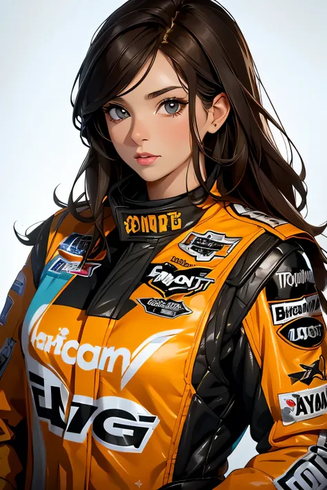 Beautiful brunette girl . She is 30 years old .black eyes . She's wearing a racing suit . She's driving a NASCAR .