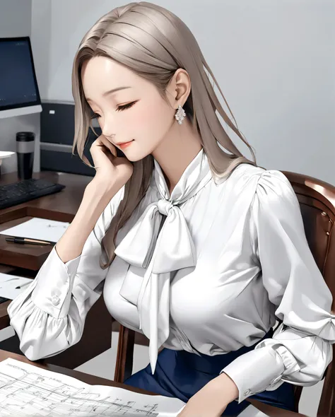 bow blouse, anime - style image, a woman sitting on a chair in the office room, Realistic body structure, A body with perfect style, (((shiny classical and office style white tie-neck blouse))), (((white office style classical tie neck))), seductive anime ...