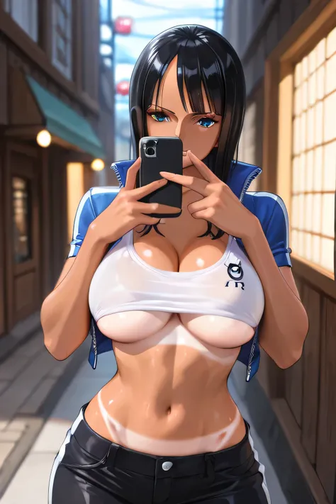 best quality, ((cowboy shot:1.49)),masterpiece, over  the street,1girl ,Ultra High Definition, Unity 8k , perfect lighting, (perfect hands, perfect anatomy),
(( tanlines,dark-skinned :1.39)), Beautiful light on the street, One Piece character nico robin, l...