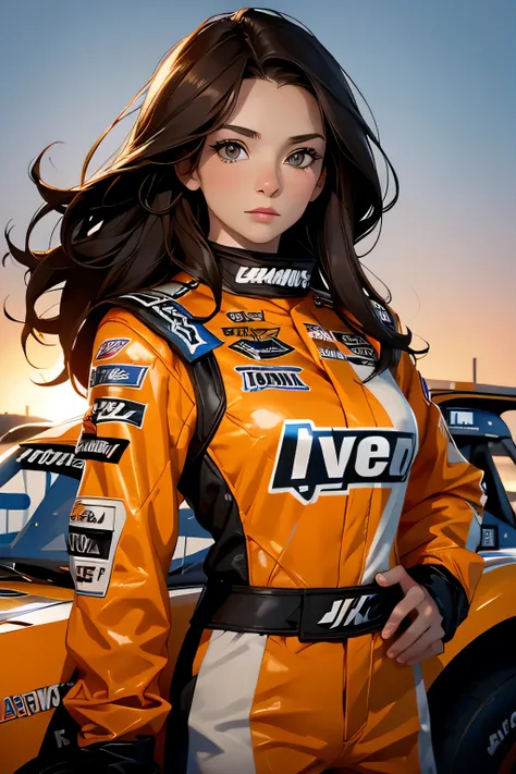 Beautiful brunette girl . She is 30 years old .black eyes . She's wearing a racing suit . She's driving a NASCAR .