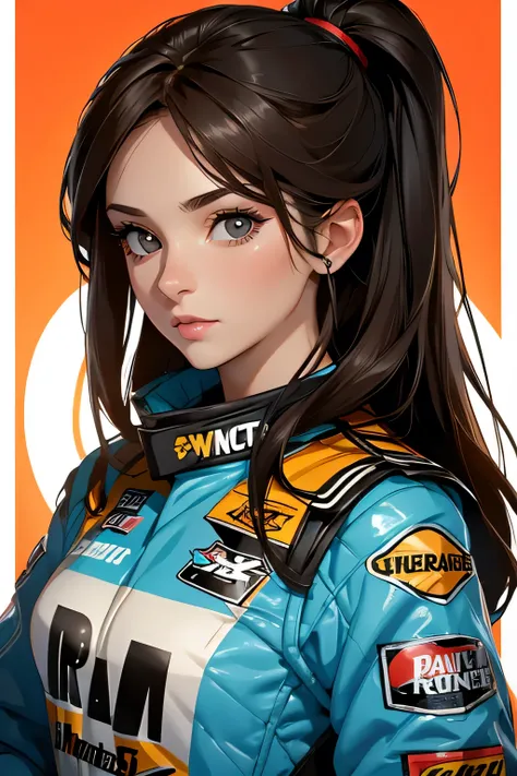 Beautiful brunette girl . She is 30 years old .black eyes . She's wearing a racing suit . She's driving a NASCAR .