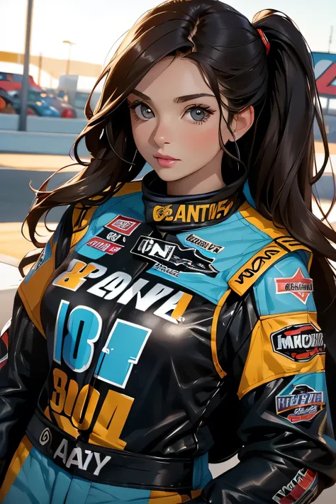 Beautiful brunette girl . She is 30 years old .black eyes . She's wearing a racing suit . She's driving a NASCAR .