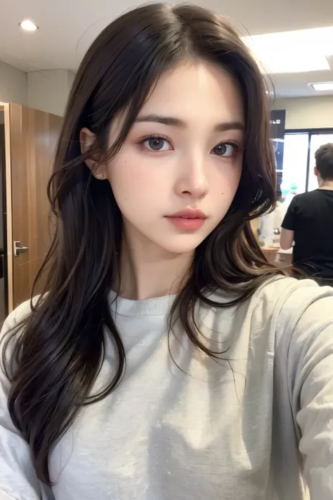 ((Best quality, 8k, Masterpiece :1.3)), 1girl,(random hairstyles), Casual outfit :1.2, Indoor, Ultra-detailed face, Detailed eyes, Double eyelid, background selfie