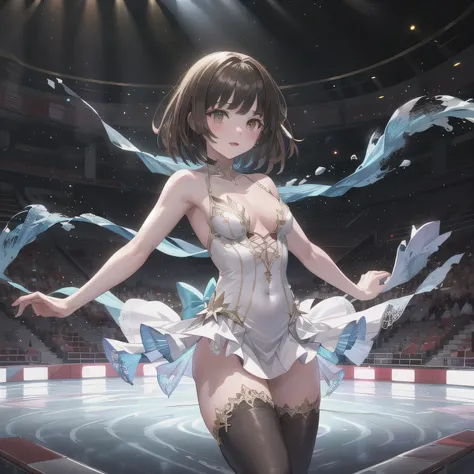 A breathtakingly beautiful 20-year-old woman glides dynamically across the ice rink, dressed in an exquisitely detailed and elegant figure skating costume. Her graceful movements exude both power and finesse as she carves intricate patterns into the ice. T...