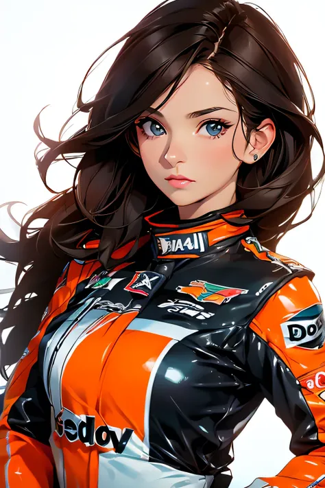 Beautiful brunette girl . She is 30 years old .black eyes . She's wearing a racing suit . She's driving a Formula One car . Participates in the . 