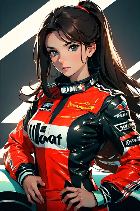 Beautiful brunette girl . She is 30 years old .black eyes . She's wearing a racing suit . She's driving a Formula One car . Participates in the . 